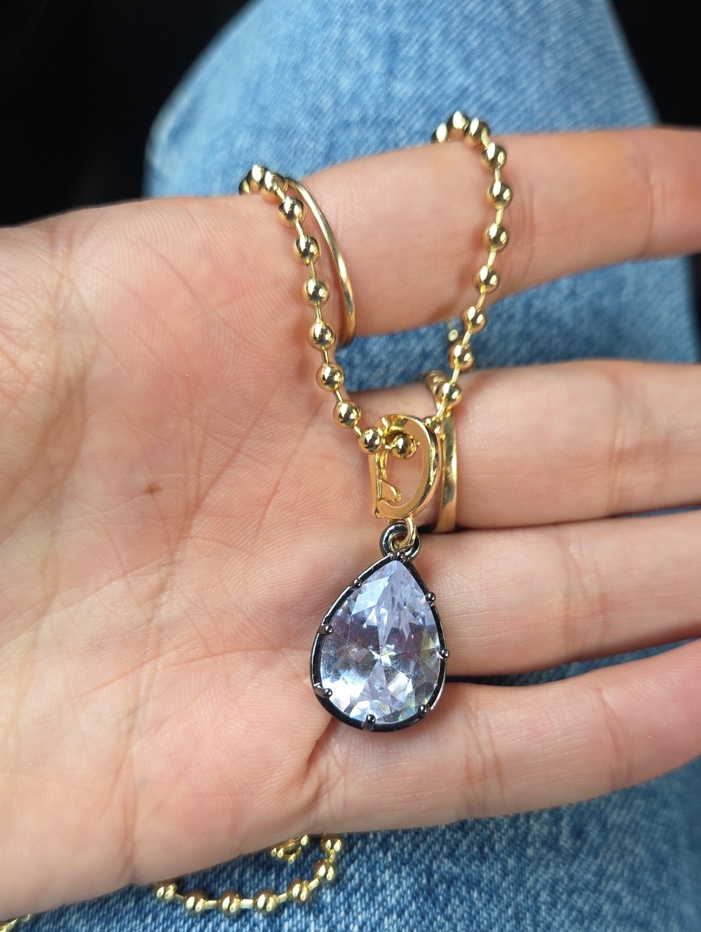 Stunning Gold Ball Chain Necklace with Pear-Cut Crystal Georgian Pendant - Picture 4 of 6